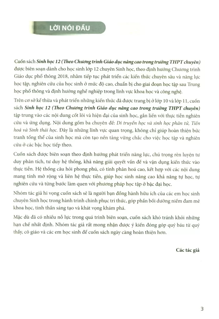 SINH HỌC 12 (Theo chương trình giáo dục nâng cao trong trường THPT chuyên)